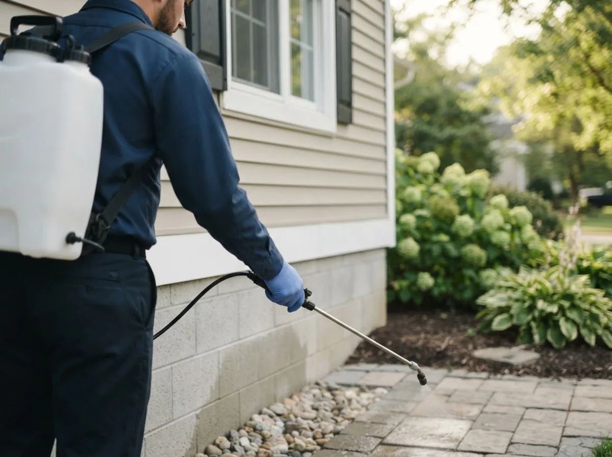 Pest control technician inspecting a home in Armstrong, TX